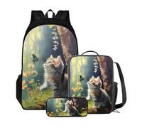 ZIATUBLES Set di zaino alla moda per studenti, borsa per libri universitari, borsa per la scuola da 43 cm, con borsa per il pranzo e astuccio, Farfalla retrò con gatto della, Taglia unica, Zaino