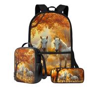 ZIATUBLES Set zaino borsa libro 43 cm zaino da viaggio borsa pranzo astuccio per il rientro a scuola set per studenti, 3 pezzi, Foresta di cavalli al tramonto, Taglia unica