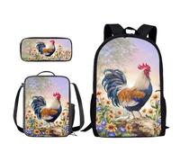 ZIATUBLES Set zaino da viaggio per laptop da 17 pollici con borsa per il pranzo e astuccio, zaino zaino per studenti all'aperto, Gallo margherita retrò, Taglia unica, Set di zaini per la scuola