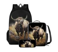 ZIATUBLES Set zaino per ragazzi e ragazze, borsa per la scuola con borsa per il pranzo e astuccio, zaino capiente per attività all'aperto, Bisonte Americano Vintage Wildlife, Taglia unica, Zaini