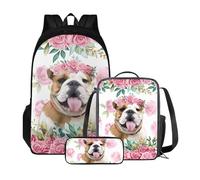 ZIATUBLES Set zaino per ragazzi e ragazze, con borsa per il pranzo e astuccio, zaino per libri universitari, zaino per attività all'aperto, Bulldog inglese retrò floreale, Taglia unica, Zaini Daypack