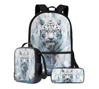 ZIATUBLES Set zaino per studenti, borsa per il pranzo, astuccio da 17 pollici, zaino da viaggio per computer portatile, zaino grande, Tigre del ghiacciaio, Taglia unica, Set di zaini per la scuola