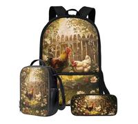 ZIATUBLES Set zaino per studenti, borsa per il pranzo, astuccio da 17 pollici, zaino da viaggio per computer portatile, zaino grande, Gallo margherita retrò, Taglia unica
