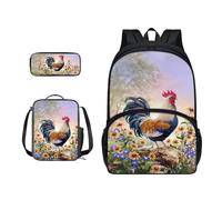 ZIATUBLES Set zaino scuola primaria borsa libro grande capacità zaini da viaggio borsa per laptop da 17 pollici con portapranzo, Gallo floreale retrò margherita, Set di zaini per la scuola