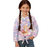 ZIATUBLES T-shirt girocollo per ragazze a maniche lunghe maglietta basic top t-shirt autunno inverno maglietta orlo legato abbigliamento sportivo, Cartoon Gatto Nuvola Luna Stella, 7-8 Anni