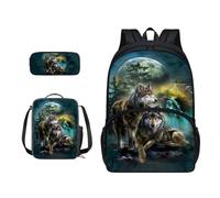 ZIATUBLES Zaino scolastico per ragazzi e ragazze, borsa per libri di grande capacità, borsa da viaggio da 43 cm, portapranzo, Luna della foresta lupo vintage, Set di zaini per la scuola