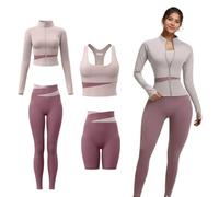 ZiaWorld Set di 4 pezzi da donna per yoga, allenamento, con cerniera, giacca a maniche lunghe, leggings da yoga per fitness, reggiseno imbottito sportivo per corsa, fitness, tuta senza cuciture, Viola