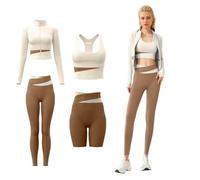 ZiaWorld Set di 4 pezzi da donna per yoga, allenamento, con cerniera, giacca a maniche lunghe, leggings da yoga per fitness, reggiseno imbottito sportivo per corsa, fitness, tuta senza cuciture, Beige
