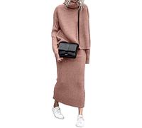 ZIBLER Set di gonne lavorate a maglia invernali da donna in 2 pezzi - Maglione dolcevita a costine spesse con gonna lunga a tubino (Rosa,XL)