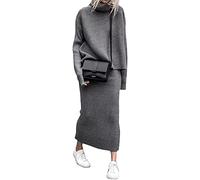 ZIBLER Set di gonne lavorate a maglia invernali da donna in 2 pezzi - Maglione dolcevita a costine spesse con gonna lunga a tubino (Grigio,XL)