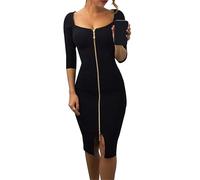 ZICUE Abito Aderente da Donna in Tinta Unita Abiti Aderenti con Zip Frontale Abito Classico con Maniche A 3/4 Nero 2XL