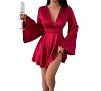 ZICUE Donne Abito da Cocktail Monocolore E Fluido per Gli Invitati al Matrimonio Taglio Swing Profonda Scollatura A V Maniche Lunghe in Raso Bordeaux XL