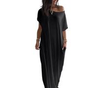 ZICUE Donne Abito Lungo da Spiaggia con Maniche Corte E Taglio Dritto Camicia da Notte Oversize da Relax con Scollo all'Americana E vestibilità Ampia Nero M