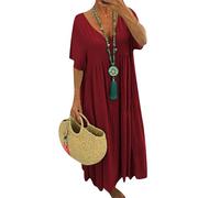 ZICUE Donne Abito Lungo Oversize con Scollo A V Abito Swing Casual E Morbido in Misto Cotone con Maniche Corte Rosso Scuro XL