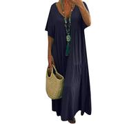 ZICUE Donne Abito Maxi Oversize con Scollo A V E Maniche Corte Abito Bohémien Swing Plissettato Lungo Fino Ai Piedi in Misto Cotone E Lino Blu Scuro 4XL