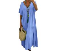 ZICUE Donne Abito Swing Morbido con Scollo A V E Maniche Corte Abito Lungo in Misto Cotone in Stile Bohémien Taglia Forte Azzurro 3XL