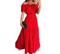 ZICUE Donne Maxi Abito A Balze in Stile Boho con Maniche A Sbuffo Abito Estivo A Trapezio con Volant E Vita Smockata Rosso S