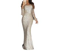ZICUE Donne Tinta Solida Vintage Paillettes V Collo Glitter Abito Moda Manica Lunga Sirena Abito da Sera Argento L