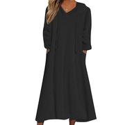 ZICUE Signora Lungo Cappuccio Flanella Vello Homewear Inverno Caldo Casa Camicia da Notte Tinta Unita Moda Vestito Nero XL