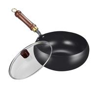 zidiau Padella in ghisa forgiata a mano da 24 cm con coperchio, antiaderente, wok non rivestita, in acciaio inox al carbonio, padella per stufato a induzione (coperchio in vetro)