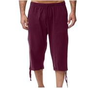 zidiau Pantaloncini estivi da uomo a 3/4 in cotone e lino, vita elasticizzata con coulisse, casual, leggeri, tinta unita con tasche, taglia M-XXL, vendita nel Regno Unito, #14 Vino, L