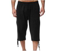 zidiau Pantaloncini estivi da uomo a 3/4 in cotone e lino, vita elasticizzata con coulisse, casual, leggeri, tinta unita con tasche, taglia M-XXL, vendita nel Regno Unito, #08 nero., L
