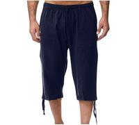 zidiau Pantaloncini estivi da uomo a 3/4 in cotone e lino, vita elasticizzata con coulisse, casual, leggeri, tinta unita con tasche, taglia M-XXL, vendita nel Regno Unito, #04 Blu scuro, L