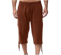 zidiau Pantaloncini estivi da uomo a 3/4 in cotone e lino, vita elasticizzata con coulisse, casual, leggeri, tinta unita con tasche, taglia M-XXL, vendita nel Regno Unito, #03 Marrone, L
