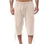 zidiau Pantaloncini estivi da uomo a 3/4 in cotone e lino, vita elasticizzata con coulisse, casual, leggeri, tinta unita con tasche, taglia M-XXL, vendita nel Regno Unito, #12 Cachi, L