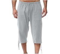 zidiau Pantaloncini estivi da uomo a 3/4 in cotone e lino, vita elasticizzata con coulisse, casual, leggeri, tinta unita con tasche, taglia M-XXL, vendita nel Regno Unito, #05 Grigio, L