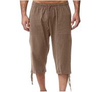 zidiau Pantaloncini estivi da uomo a 3/4 in cotone e lino, vita elasticizzata con coulisse, casual, leggeri, tinta unita con tasche, taglia M-XXL, vendita nel Regno Unito, #09 Marrone, L