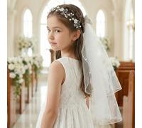 Zidoley Accessori per capelli per bambine della Prima Comunione, copricapo per matrimoni, accessori per capelli da sposa con fiori bianchi, decorazione per ghirlande di perle (Hair ring Veil)