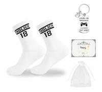 Zidoley Regalo per il 18° compleanno, calzini per il 18° compleanno, biglietto di compleanno, portachiavi, finalmente 18, calzini da tennis, calzini sportivi, 18° compleanno ragazzo, 39-45