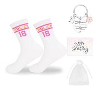 Zidoley Regalo per il 18° compleanno, calzini per il 18° compleanno, biglietto di compleanno, portachiavi, finalmente 18, calzini da tennis, calzini sportivi, 18° compleanno ragazza, 36-42