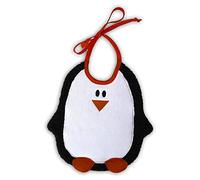 Zigozago - Bavaglino in Spugna di Cotone ricamata a forma di Pinguino | Fatto a mano | Chiusura: Laccetti | Personalizzabile con Nome | Misura: 20 x 24 cm | Colore: Bianco e Nero