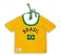 Zigozago - Bavaglino in Spugna Ricamata a forma di maglia da Football Brasile - Fatto a Mano in Puro Cotone | Colore: Giallo | Chiusura a Laccetti | Personalizzabile con nome | Taglia Unica