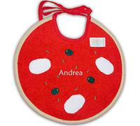 Zigozago - Bavaglino ricamato in Spugna di Cotone a forma di Pizza Margherita | Fatto a Mano | Personalizzabile con Nome | Chiusura: Elastico o Laccetti | Misura: 20 x 20 cm | Colore: Rosso