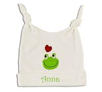 Zigozago - Cappellino Cuffia con Due Simpatici Nodi in Cotone per Neonato con Ricamo di Una Rana | Fatto a Mano | Personalizzabile con Nome Ricamato, Bianco e Verde, Taglia 0-6 e 6-12 Mesi