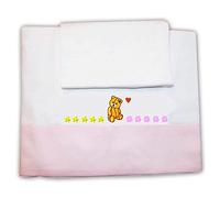 Zigozago - Set 3 pz Lenzuola in Piquet di cotone per Culla o Carrozzina con Ricamo Orsetto | Colore: Rosa | Federa, Lenzuolo e Coprimaterasso con Elastico | Misure per culla: 90x73 cm | Fatto a Mano