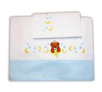 Zigozago - Set 3 pz Lenzuola in Piquet di cotone per Culla o Carrozzina con Ricamo Orso e Stelle | Colore: Azzurro | Federa, Lenzuolo e Coprimaterasso con Elastico | Misure 90x73 cm | Fatto a Mano