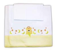 Zigozago - Set 3 pz Lenzuola in Piquet di cotone per Culla o Carrozzina con Ricamo Orso e Stelle | Colore Giallo | Federa, Lenzuolo e Coprimaterasso con Elastico | Misure 90x73 cm | Fatto a Mano