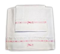 Zigozago - Set 3 pz Lenzuola in Piquet per culla con bordo bianco e pizzo sangallo con nastro di raso Rosa | Misure 90x75 cm | Fatto a Mano personalizzabile con nome del bambino