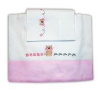 Zigozago - Set 3 pz Lenzuola in Piquet per lettino Ricamo "Gattino" | Colore: Rosa| Federa, Lenzuolo e Coprimaterasso con Elastico | Misure 145x110 cm | Fatto a Mano, personalizzabile con il nome