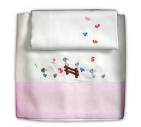Zigozago - Set 3 pz Lenzuola per culla in cotone con Ricamo Pecorelle | Colore: Rosa | Federa, Lenzuolo e Coprimaterasso con Elastico | Misure 90x75 cm | Fatto a Mano personalizzabile con nome