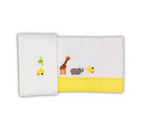 Zigozago - Set 3pz Lenzuola in Piquet per lettino con Ricamo Arca di Noè | Colore Giallo | Federa, Lenzuolo e Coprimaterasso con Elastico | Misure 145x110 cm | Fatto a Mano personalizzabile con nome