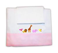 Zigozago - Set 3pz Lenzuola in Piquet per lettino con Ricamo "Arca di Noè" | Colore Rosa | Federa, Lenzuolo e Coprimaterasso con Elastico | Misure 145x110 cm | Fatto a Mano personalizzabile con nome