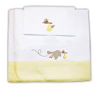 Zigozago - Set Lenzuola ricamate in raffinato piquet di cotone fatte a mano Cicogna; Dimensione: culla; Colore: Giallo