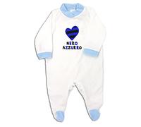 Zigozago - Tutina a Manica lunga in ciniglia di Cotone con ricamo -Cuore Nero Azzurro- | Fatto a Mano in Italia | Personalizzabile con Nome del Bambino | Colore: Azzurro | Taglia: 0 mesi