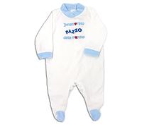 Zigozago - Tutina a Manica lunga in ciniglia di Cotone con ricamo -Innamorato Pazzo di mia Mamma- | Fatto a Mano | Personalizzabile con il Nome della Mamma | Bordo: Azzurro | Taglia: 0 mesi