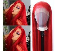 zigzag hair Parrucca rossa lunga liscia rossa lucida sintetica pre-disegnata con attaccatura dei capelli naturale per donne alla moda resistente al calore rosso senza colla